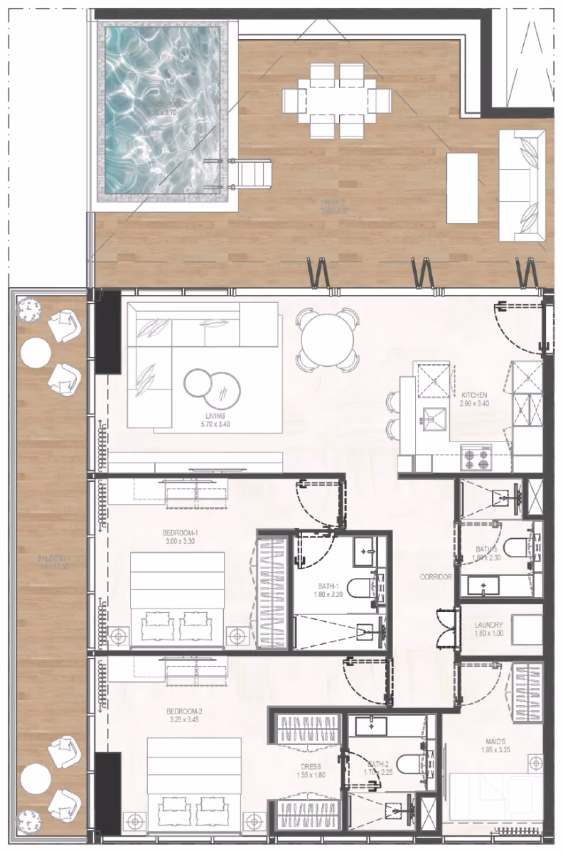 תוכנית 2 חדרי שינה · 2BHK Type 02 ב־נדל"ן להשקעה Gharbi 2 Residences, באזור JVC, דובאי