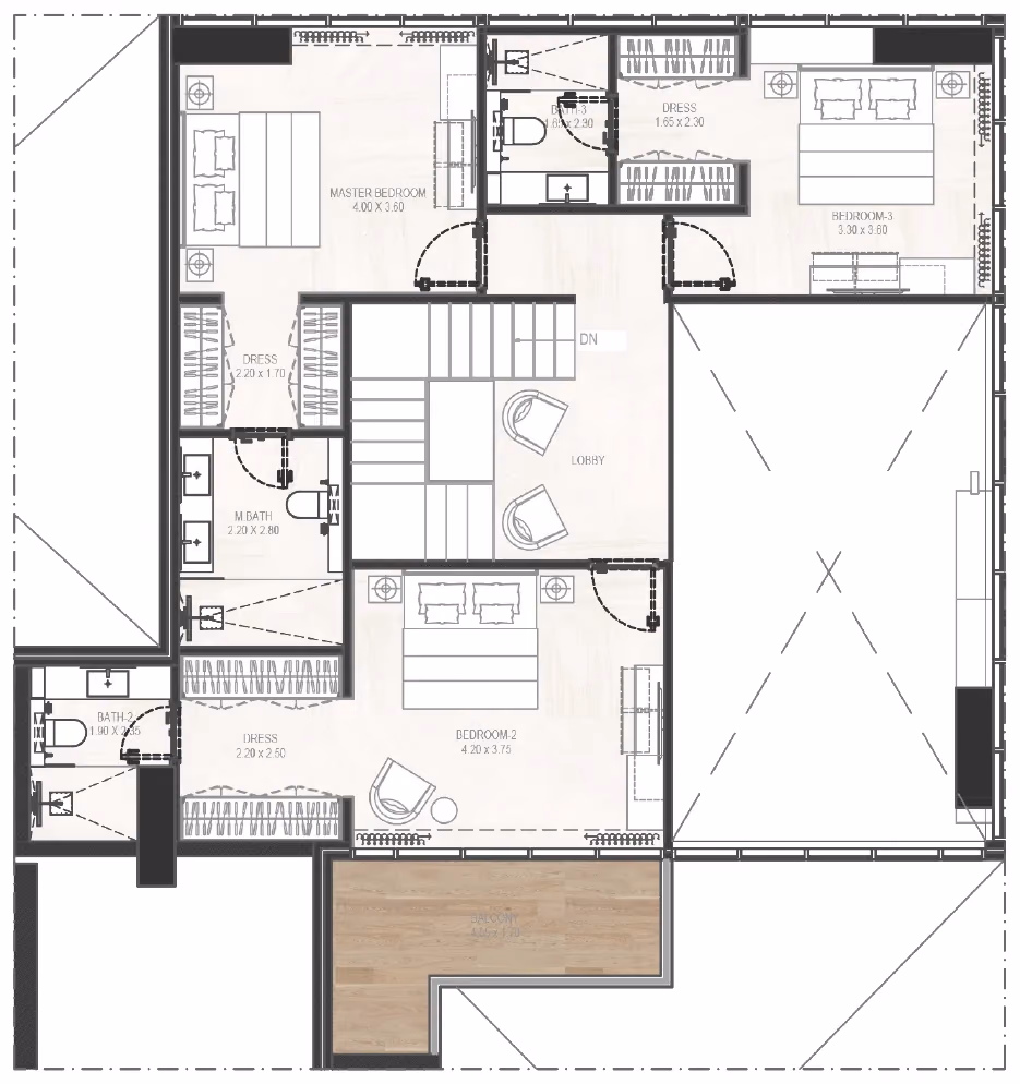תוכנית 4 חדרי שינה · פנטהאוז ב־נדל"ן להשקעה Gharbi 2 Residences, באזור JVC, דובאי (קומה עליונה)