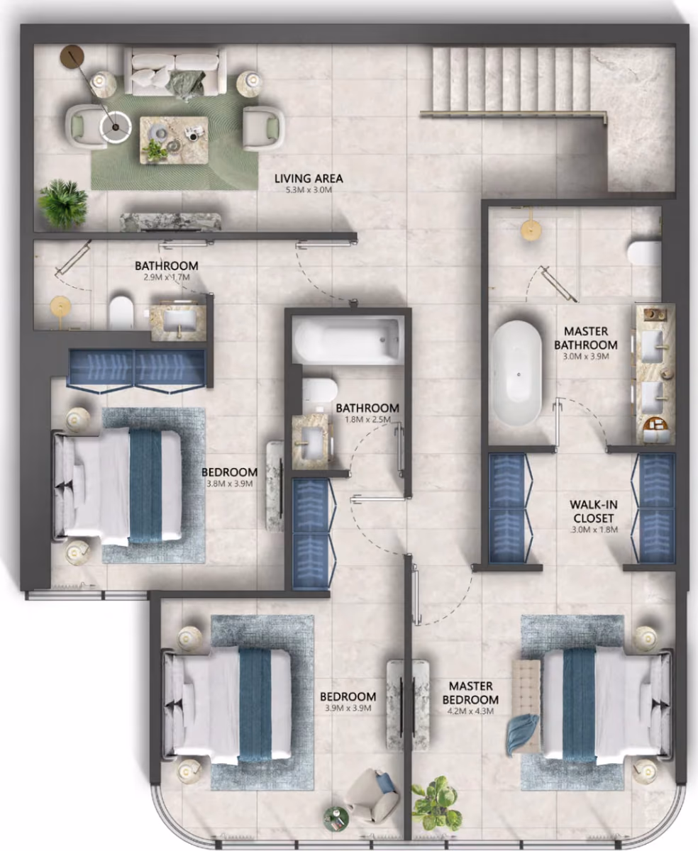 תוכנית 3 חדרי שינה · דופלקס · Maisonette ב־נדל"ן להשקעה The Mural by Beyond, באזור Business Bay, דובאי (קומה תחתונה)