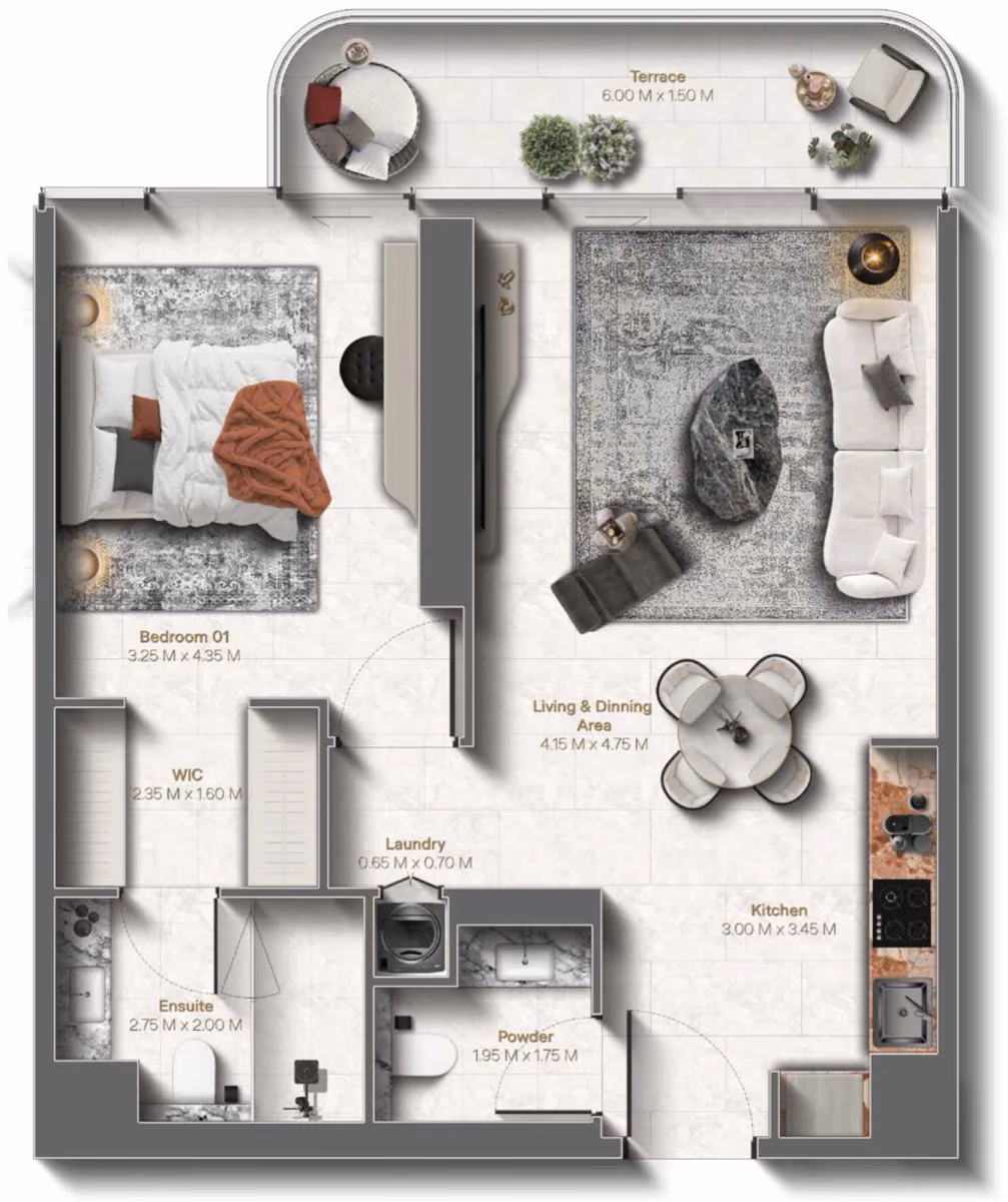 תוכנית חדר שינה אחד · 1 Bedroom Type A ב־נדל"ן להשקעה Le Château by Beyond, באזור Al Marjan Island, Ras Al Khaimah