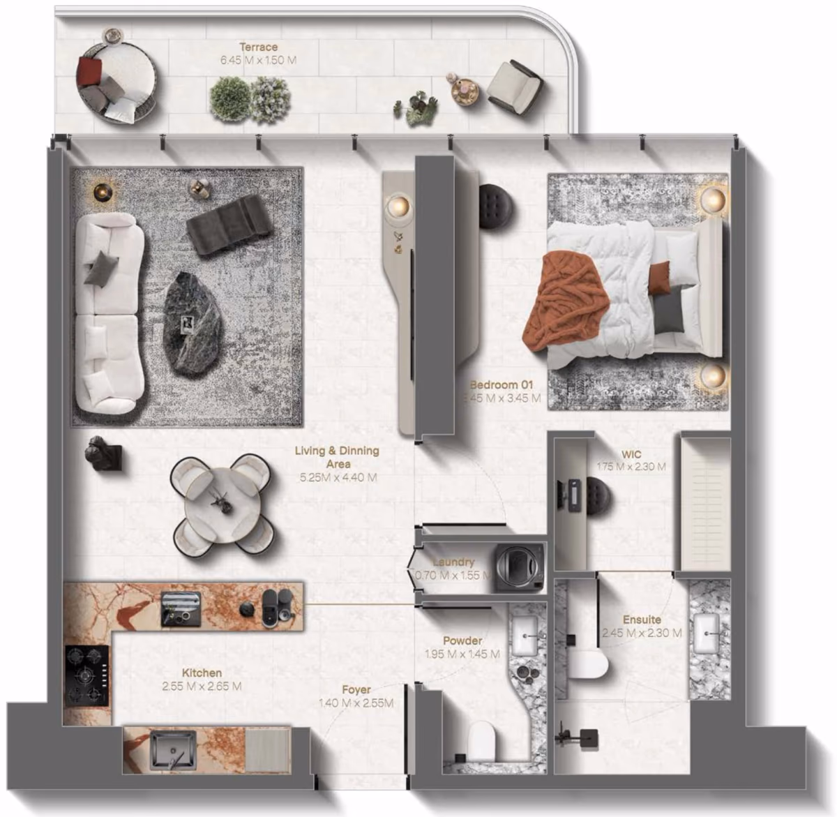 תוכנית חדר שינה אחד · 1 Bedroom Type B1 ב־נדל"ן להשקעה Le Château by Beyond, באזור Al Marjan Island, Ras Al Khaimah
