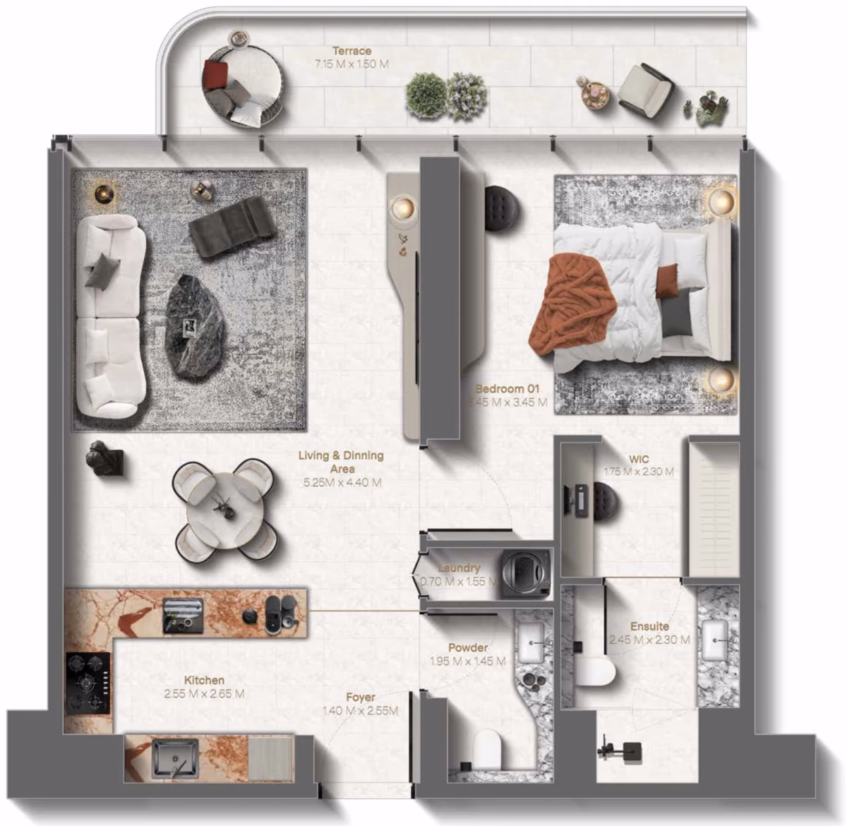 תוכנית חדר שינה אחד · 1 Bedroom Type B2 ב־נדל"ן להשקעה Le Château by Beyond, באזור Al Marjan Island, Ras Al Khaimah
