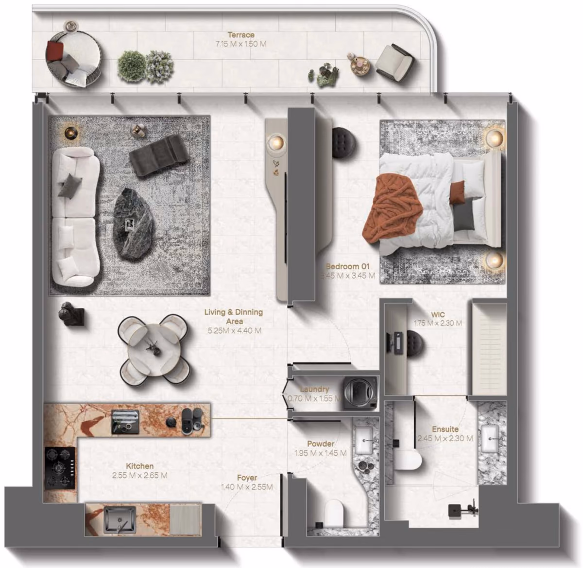 תוכנית חדר שינה אחד · 1 Bedroom Type B3 ב־נדל"ן להשקעה Le Château by Beyond, באזור Al Marjan Island, Ras Al Khaimah