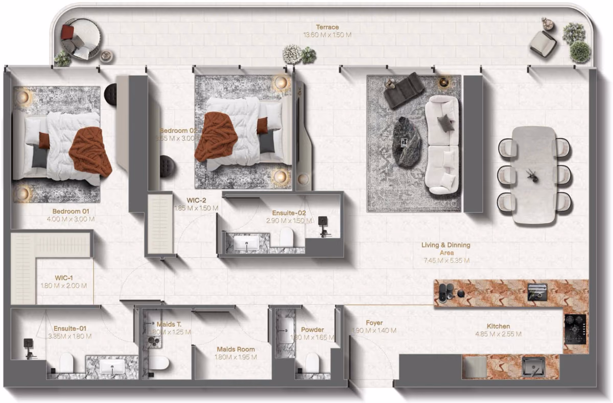 תוכנית 2 חדרי שינה · 2 Bedroom+ Type C ב־נדל"ן להשקעה Le Château by Beyond, באזור Al Marjan Island, Ras Al Khaimah