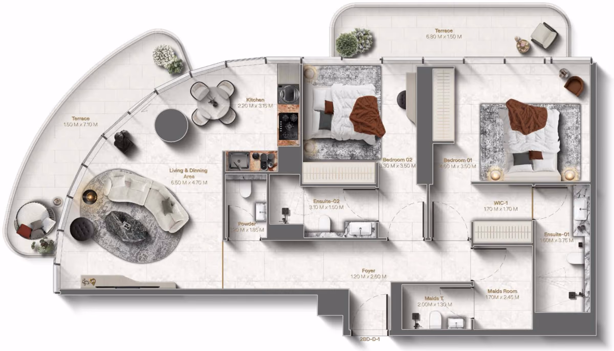 תוכנית 2 חדרי שינה · 2 Bedroom+ Type D ב־נדל"ן להשקעה Le Château by Beyond, באזור Al Marjan Island, Ras Al Khaimah