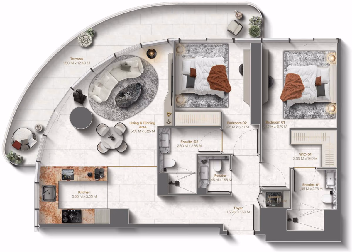 תוכנית 2 חדרי שינה · 2 Bedroom Type A ב־נדל"ן להשקעה Le Château by Beyond, באזור Al Marjan Island, Ras Al Khaimah