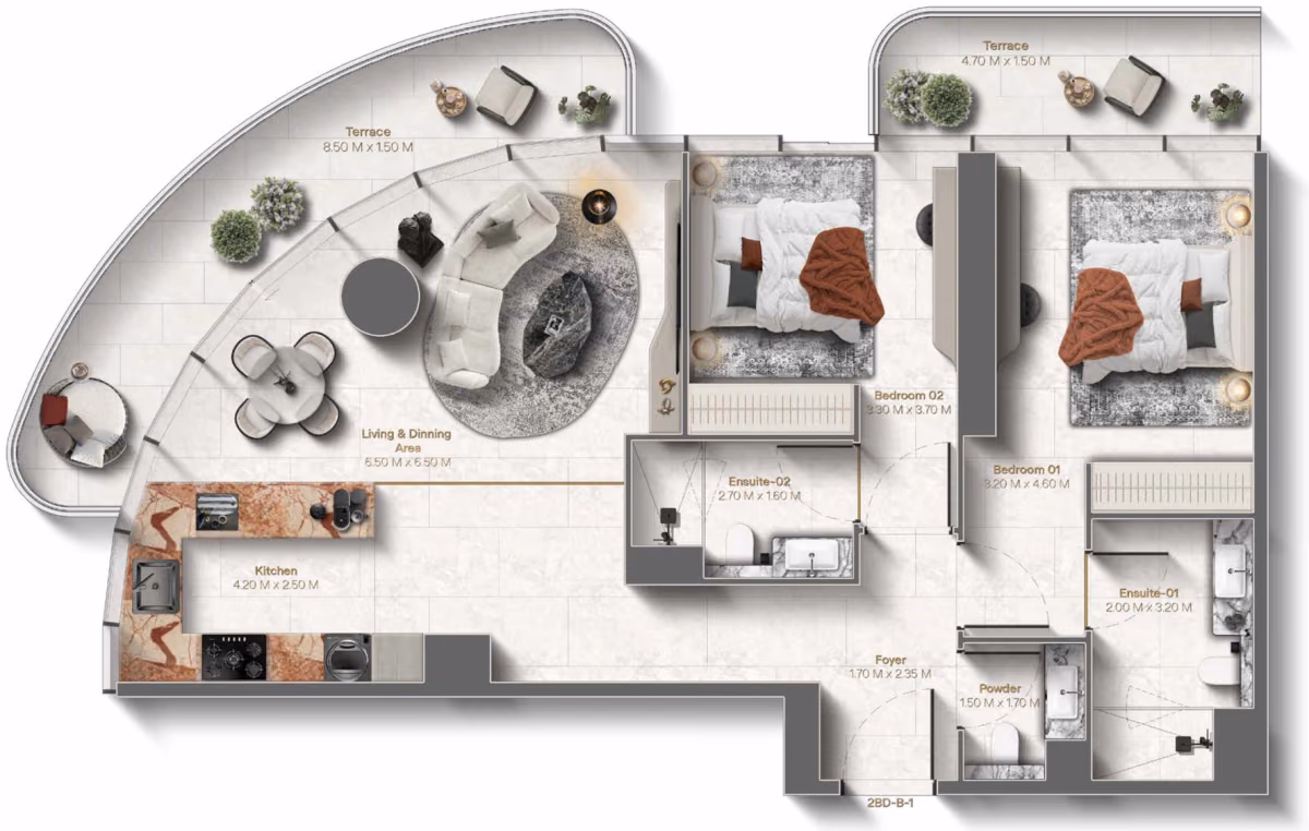 תוכנית 2 חדרי שינה · 2 Bedroom Type B ב־נדל"ן להשקעה Le Château by Beyond, באזור Al Marjan Island, Ras Al Khaimah