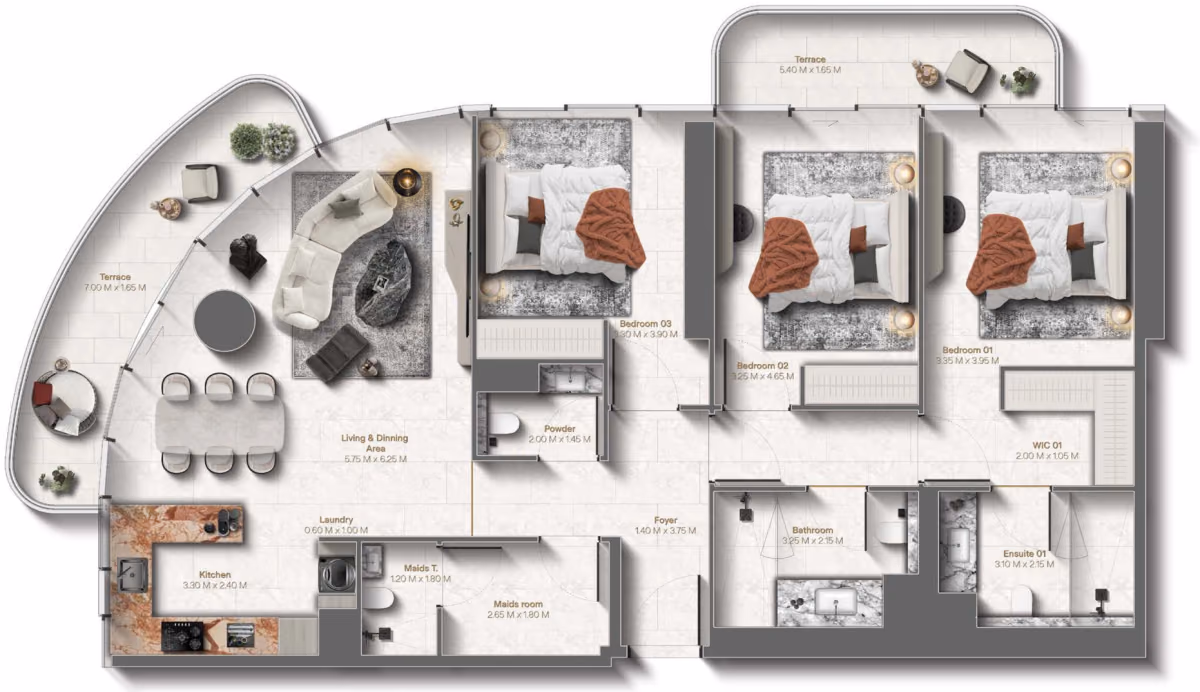 תוכנית 3 חדרי שינה · 3 Bedroom Type A ב־נדל"ן להשקעה Le Château by Beyond, באזור Al Marjan Island, Ras Al Khaimah