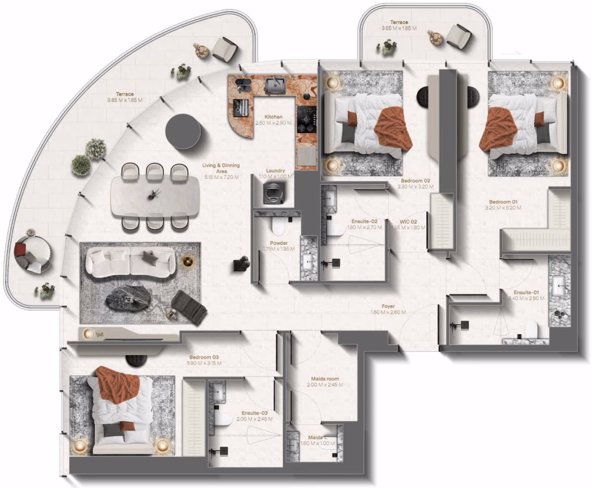 תוכנית 3 חדרי שינה · 3 Bedroom Type B ב־נדל"ן להשקעה Le Château by Beyond, באזור Al Marjan Island, Ras Al Khaimah