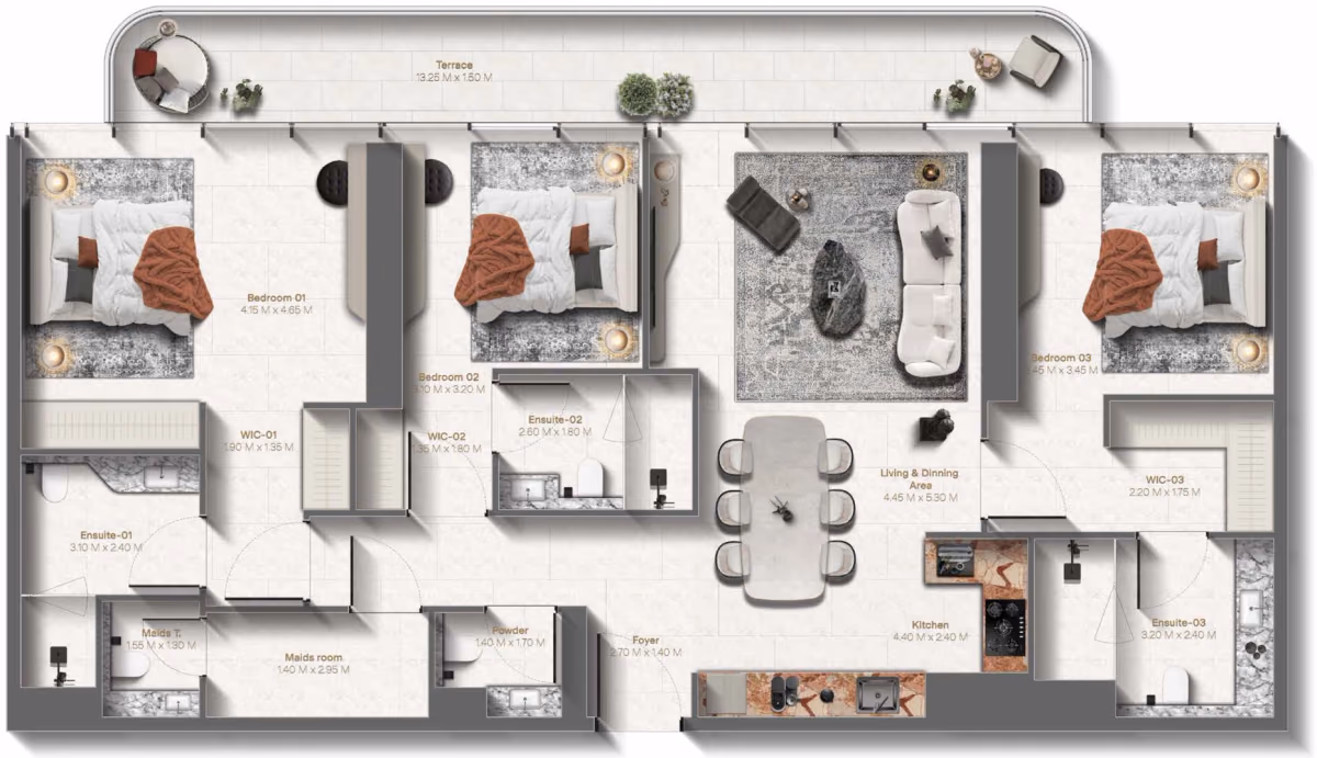 תוכנית 3 חדרי שינה · 3 Bedroom Type C ב־נדל"ן להשקעה Le Château by Beyond, באזור Al Marjan Island, Ras Al Khaimah