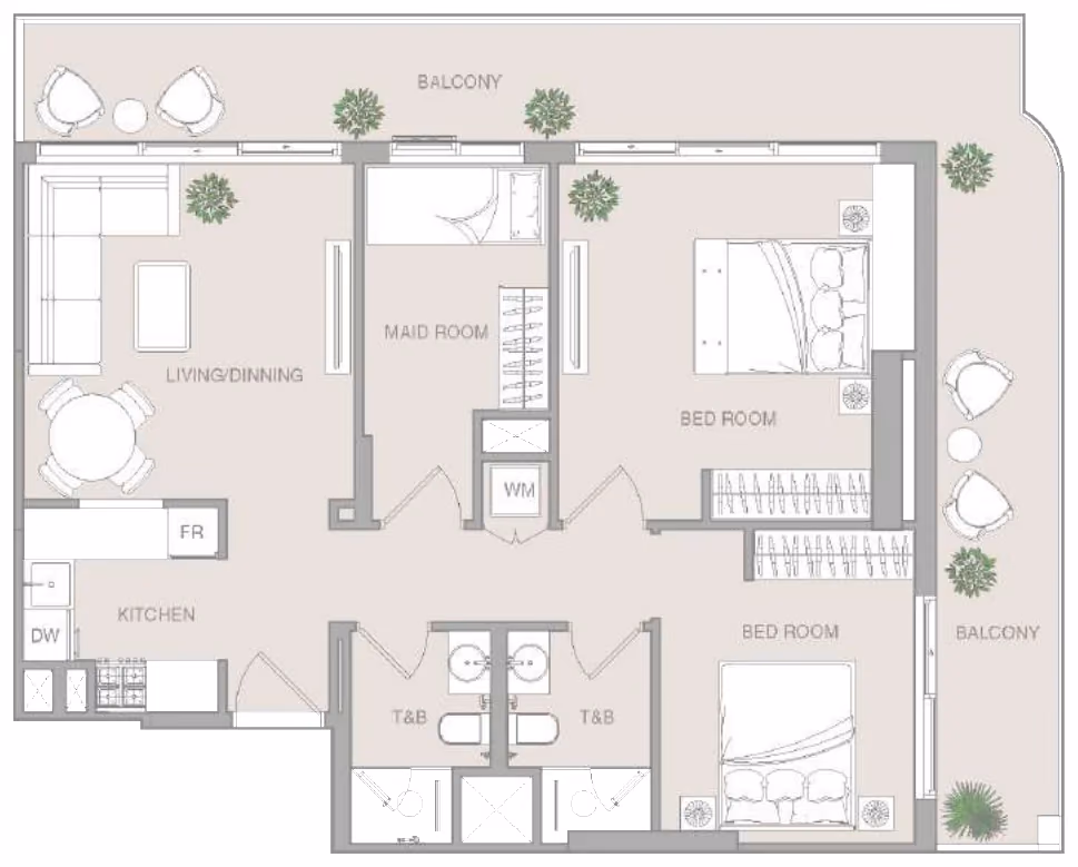 תוכנית 2 חדרי שינה · 2 BR Pro Type 1 ב־נדל"ן להשקעה Object1 Verdan1a 4, באזור Dubailand, דובאי