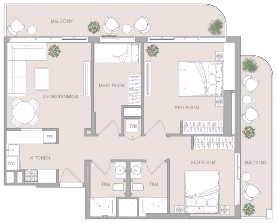 תוכנית 2 חדרי שינה · 2 BR Pro Type 3 ב־נדל"ן להשקעה Object1 Verdan1a 4, באזור Dubailand, דובאי