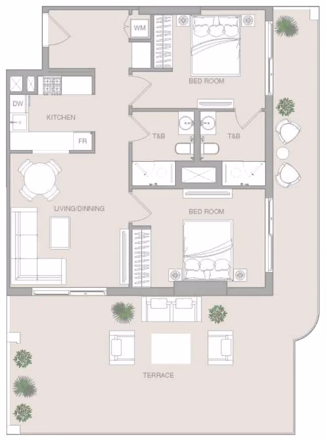 תוכנית 2 חדרי שינה · 2 BR Type 1 ב־נדל"ן להשקעה Object1 Verdan1a 4, באזור Dubailand, דובאי