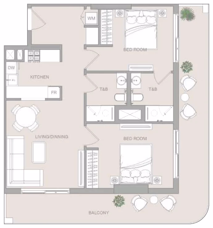 תוכנית 2 חדרי שינה · 2 BR Type 2 ב־נדל"ן להשקעה Object1 Verdan1a 4, באזור Dubailand, דובאי