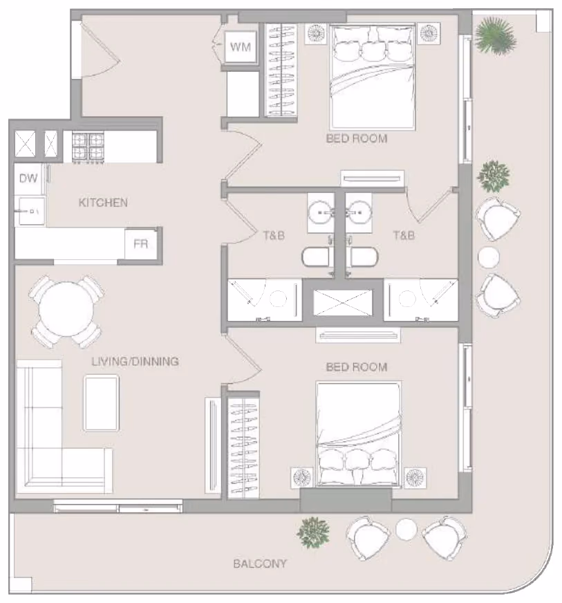 תוכנית 2 חדרי שינה · 2 BR Type 3 ב־נדל"ן להשקעה Object1 Verdan1a 4, באזור Dubailand, דובאי