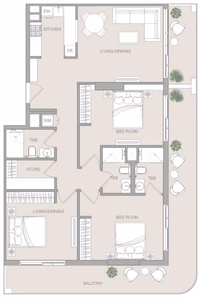 תוכנית 3 חדרי שינה · 3 BR Type 1 ב־נדל"ן להשקעה Object1 Verdan1a 4, באזור Dubailand, דובאי