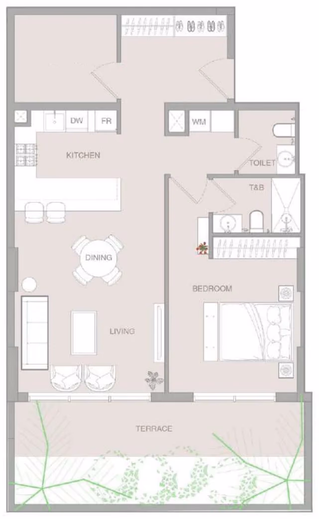 תוכנית חדר שינה אחד · One Bedroom Pro Type A ב־נדל"ן להשקעה – Object1 IR1DIAN Park באזור Jumeirah Village Circle, דובאי