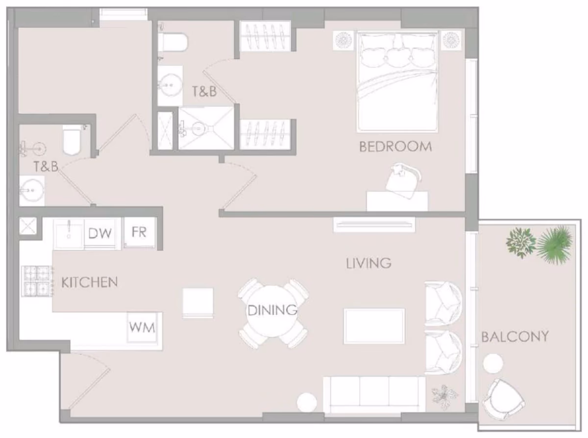 תוכנית חדר שינה אחד · One Bedroom Pro Type C ב־נדל"ן להשקעה – Object1 IR1DIAN Park באזור Jumeirah Village Circle, דובאי