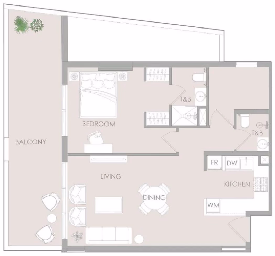 תוכנית חדר שינה אחד · One Bedroom Pro Type D ב־נדל"ן להשקעה – Object1 IR1DIAN Park באזור Jumeirah Village Circle, דובאי
