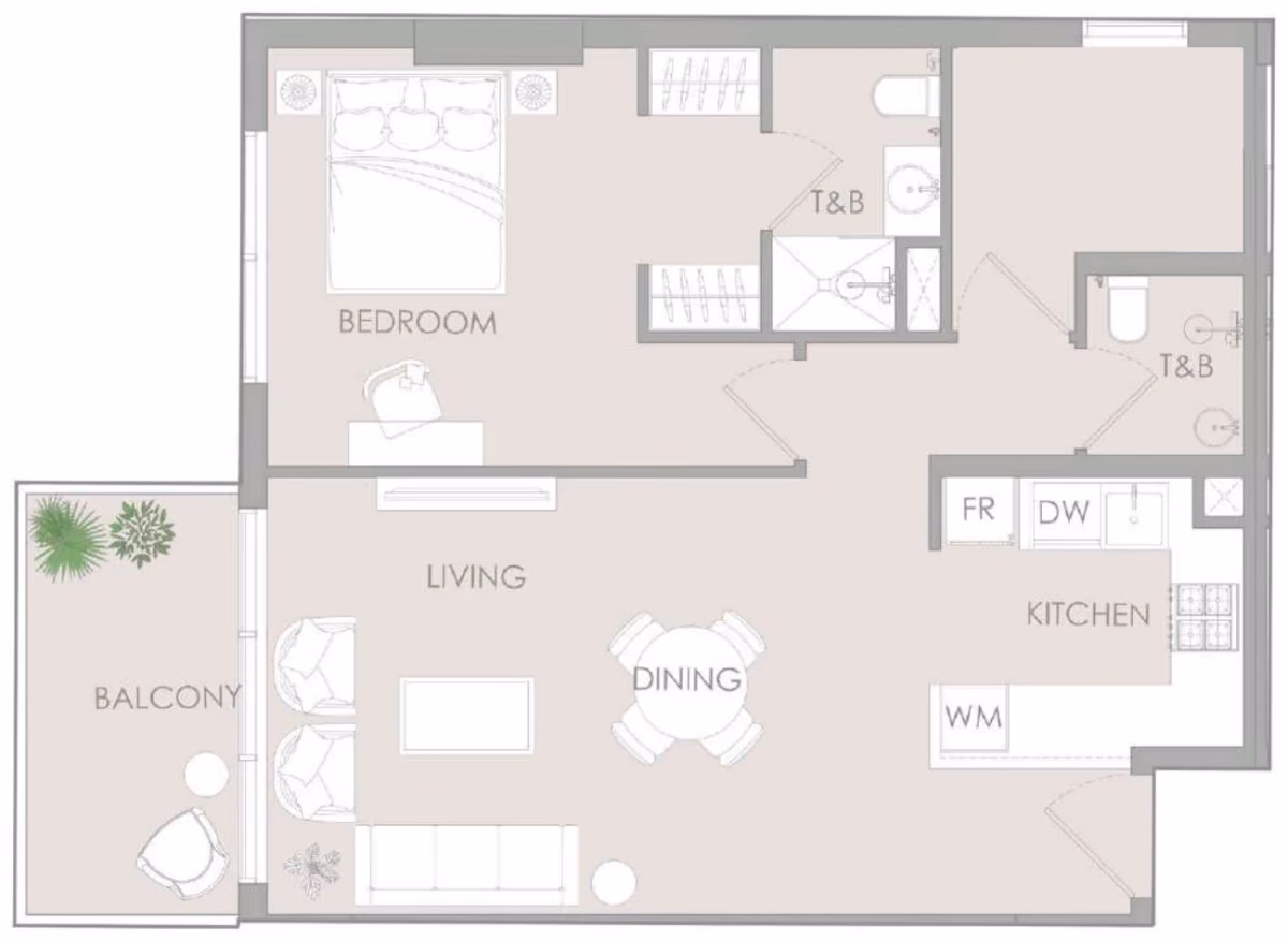 תוכנית חדר שינה אחד · One Bedroom Pro Type H ב־נדל"ן להשקעה – Object1 IR1DIAN Park באזור Jumeirah Village Circle, דובאי