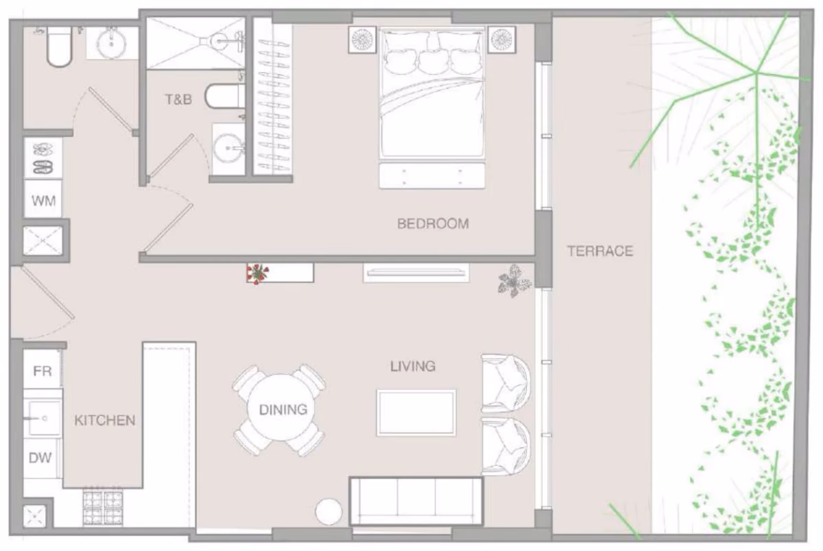 תוכנית חדר שינה אחד · 1 BR Type A ב־נדל"ן להשקעה – Object1 IR1DIAN Park באזור Jumeirah Village Circle, דובאי