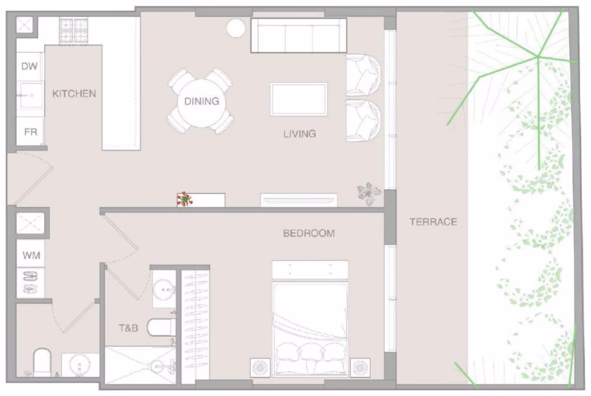 תוכנית חדר שינה אחד · 1 BR Type B ב־נדל"ן להשקעה – Object1 IR1DIAN Park באזור Jumeirah Village Circle, דובאי