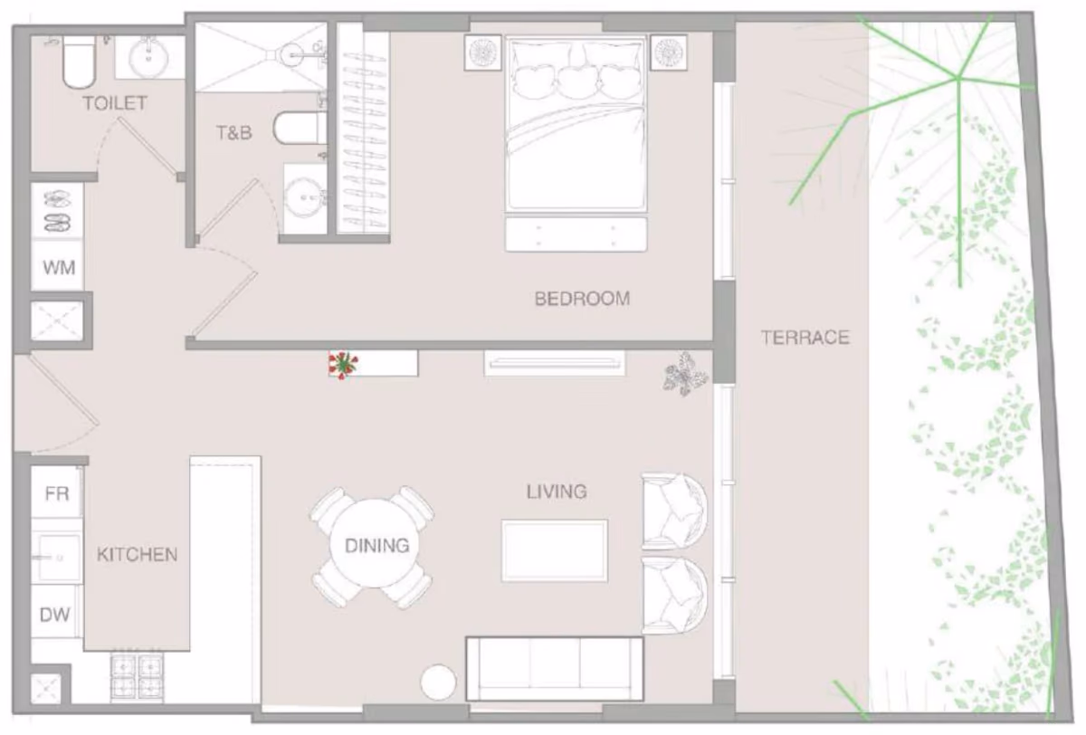 תוכנית חדר שינה אחד · 1 BR Type C ב־נדל"ן להשקעה – Object1 IR1DIAN Park באזור Jumeirah Village Circle, דובאי