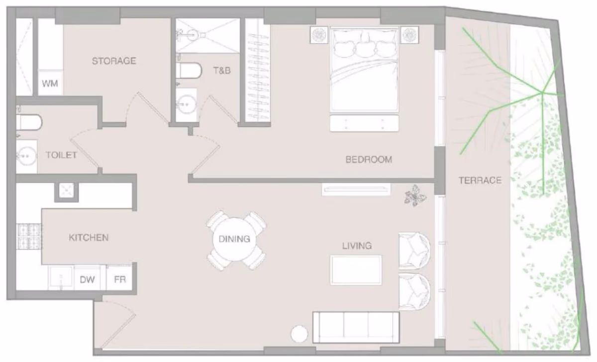 תוכנית חדר שינה אחד · 1 BR Type D ב־נדל"ן להשקעה – Object1 IR1DIAN Park באזור Jumeirah Village Circle, דובאי