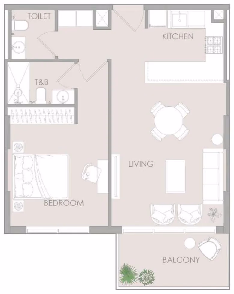תוכנית חדר שינה אחד · 1 BR Type E ב־נדל"ן להשקעה – Object1 IR1DIAN Park באזור Jumeirah Village Circle, דובאי