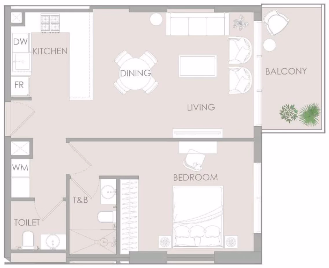 תוכנית חדר שינה אחד · 1 BR Type H ב־נדל"ן להשקעה – Object1 IR1DIAN Park באזור Jumeirah Village Circle, דובאי