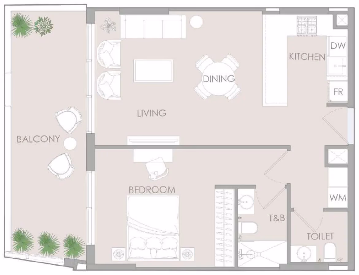 תוכנית חדר שינה אחד · 1 BR Type I ב־נדל"ן להשקעה – Object1 IR1DIAN Park באזור Jumeirah Village Circle, דובאי