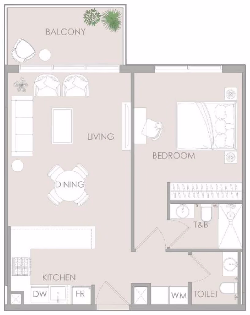 תוכנית חדר שינה אחד · 1 BR Type J ב־נדל"ן להשקעה – Object1 IR1DIAN Park באזור Jumeirah Village Circle, דובאי