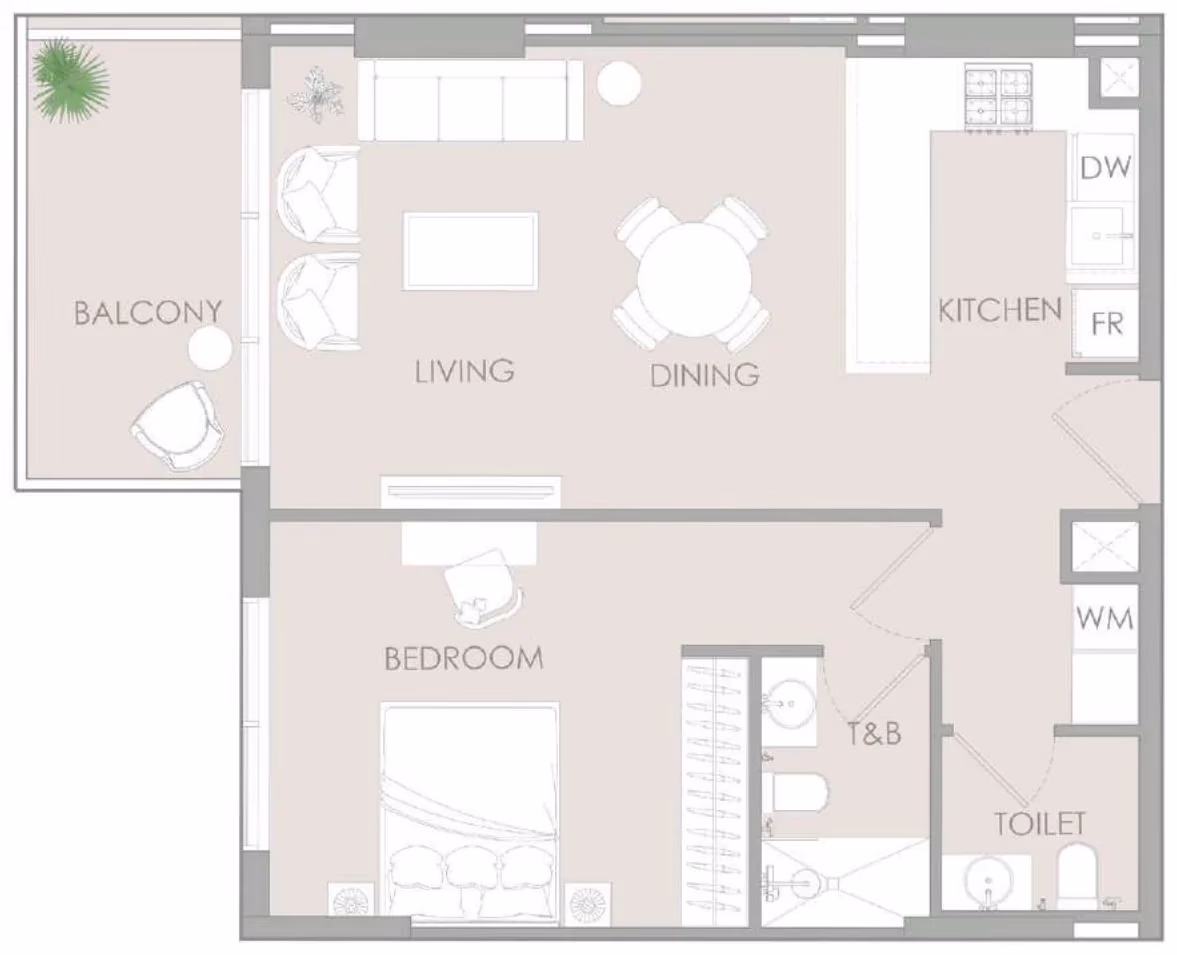 תוכנית חדר שינה אחד · 1 BR Type K ב־נדל"ן להשקעה – Object1 IR1DIAN Park באזור Jumeirah Village Circle, דובאי