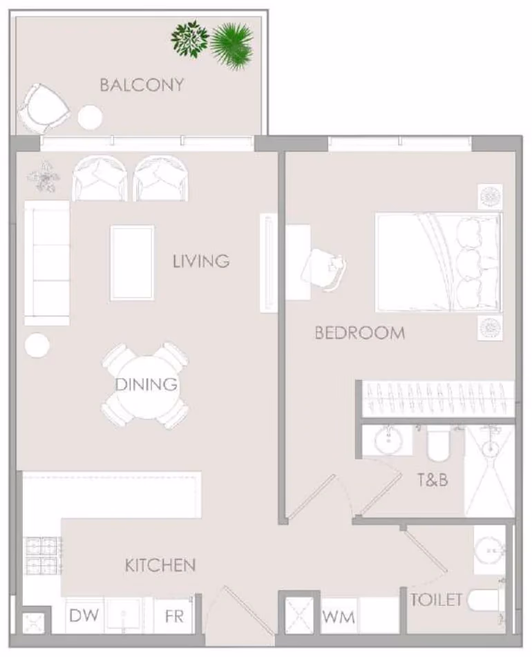תוכנית חדר שינה אחד · 1 BR Type L ב־נדל"ן להשקעה – Object1 IR1DIAN Park באזור Jumeirah Village Circle, דובאי