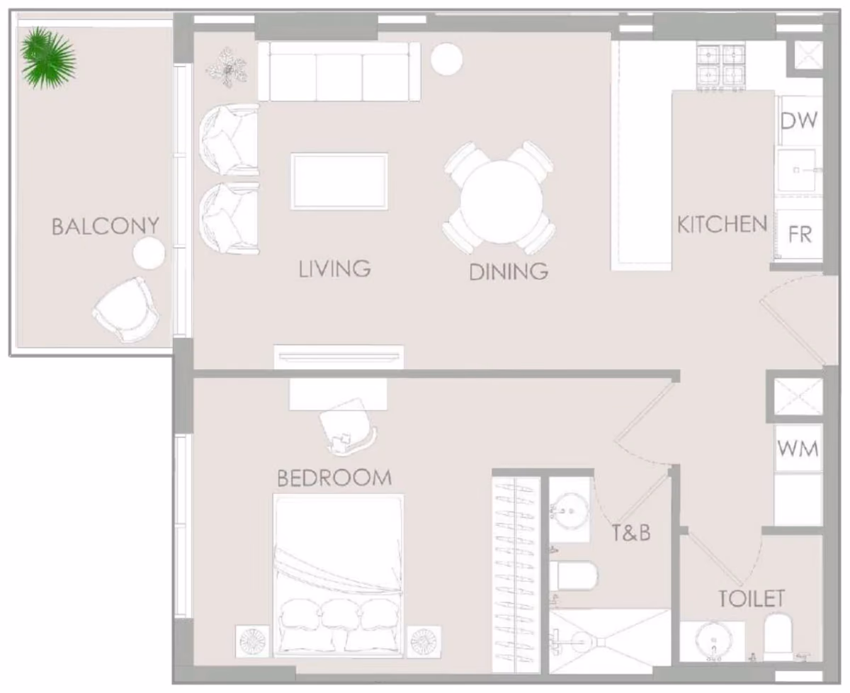 תוכנית חדר שינה אחד · 1 BR Type R ב־נדל"ן להשקעה – Object1 IR1DIAN Park באזור Jumeirah Village Circle, דובאי
