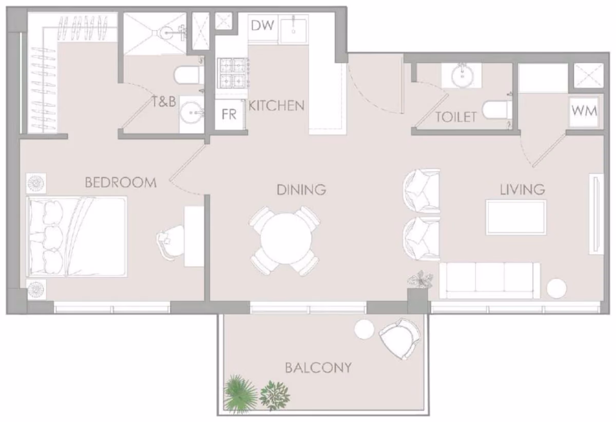 תוכנית חדר שינה אחד · 1 BR Type S ב־נדל"ן להשקעה – Object1 IR1DIAN Park באזור Jumeirah Village Circle, דובאי