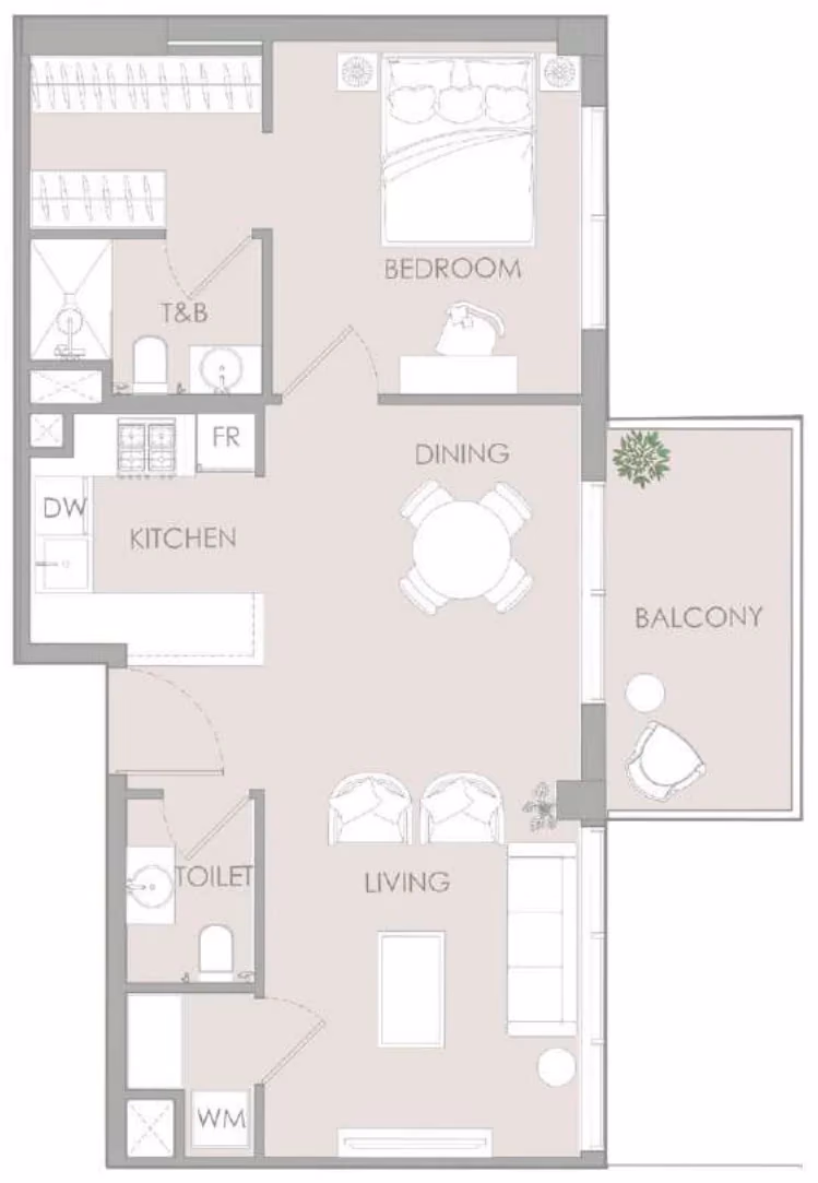 תוכנית חדר שינה אחד · 1 BR Type W ב־נדל"ן להשקעה – Object1 IR1DIAN Park באזור Jumeirah Village Circle, דובאי