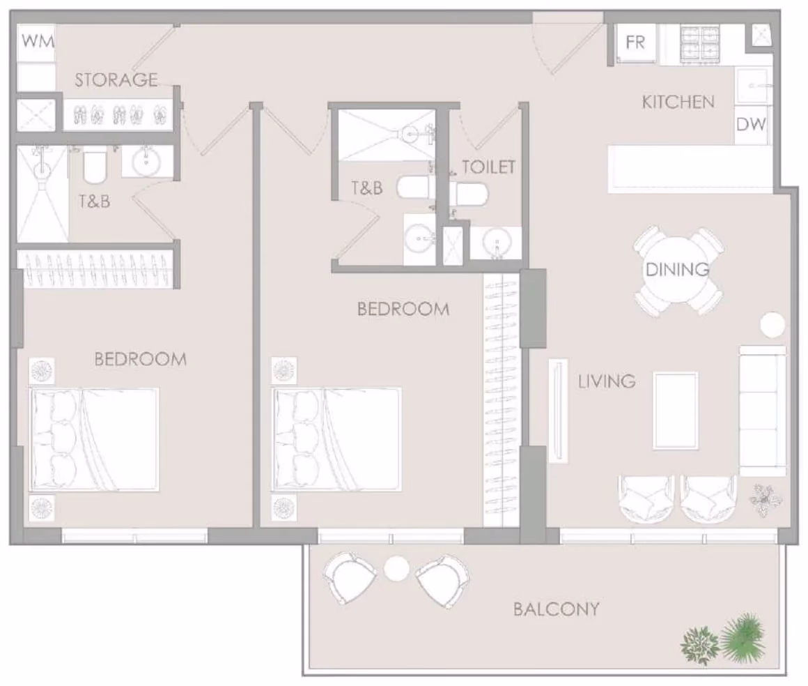 תוכנית 2 חדרי שינה · 2 BR Type B ב־נדל"ן להשקעה – Object1 IR1DIAN Park באזור Jumeirah Village Circle, דובאי