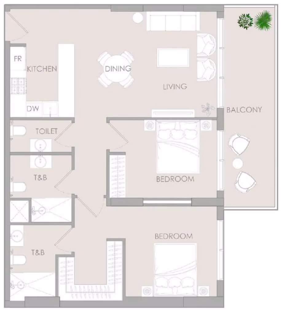 תוכנית 2 חדרי שינה · 2 BR Type C ב־נדל"ן להשקעה – Object1 IR1DIAN Park באזור Jumeirah Village Circle, דובאי