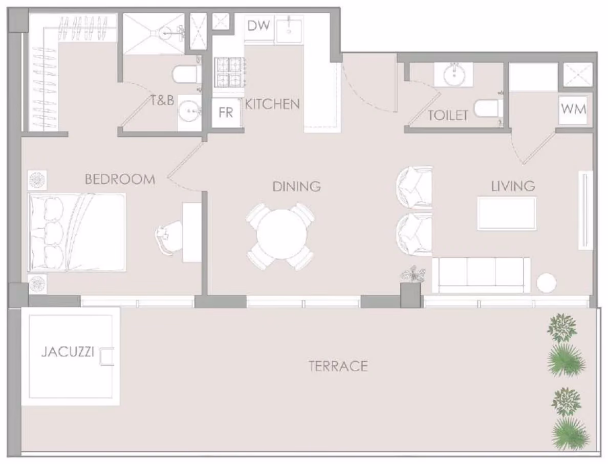 תוכנית חדר שינה אחד · Signature 1 BR Type M ב־נדל"ן להשקעה – Object1 IR1DIAN Park באזור Jumeirah Village Circle, דובאי