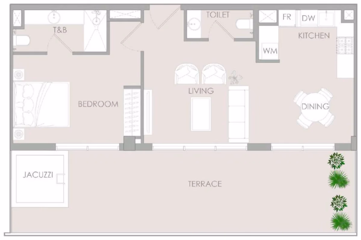 תוכנית חדר שינה אחד · Signature 1 BR Type N ב־נדל"ן להשקעה – Object1 IR1DIAN Park באזור Jumeirah Village Circle, דובאי