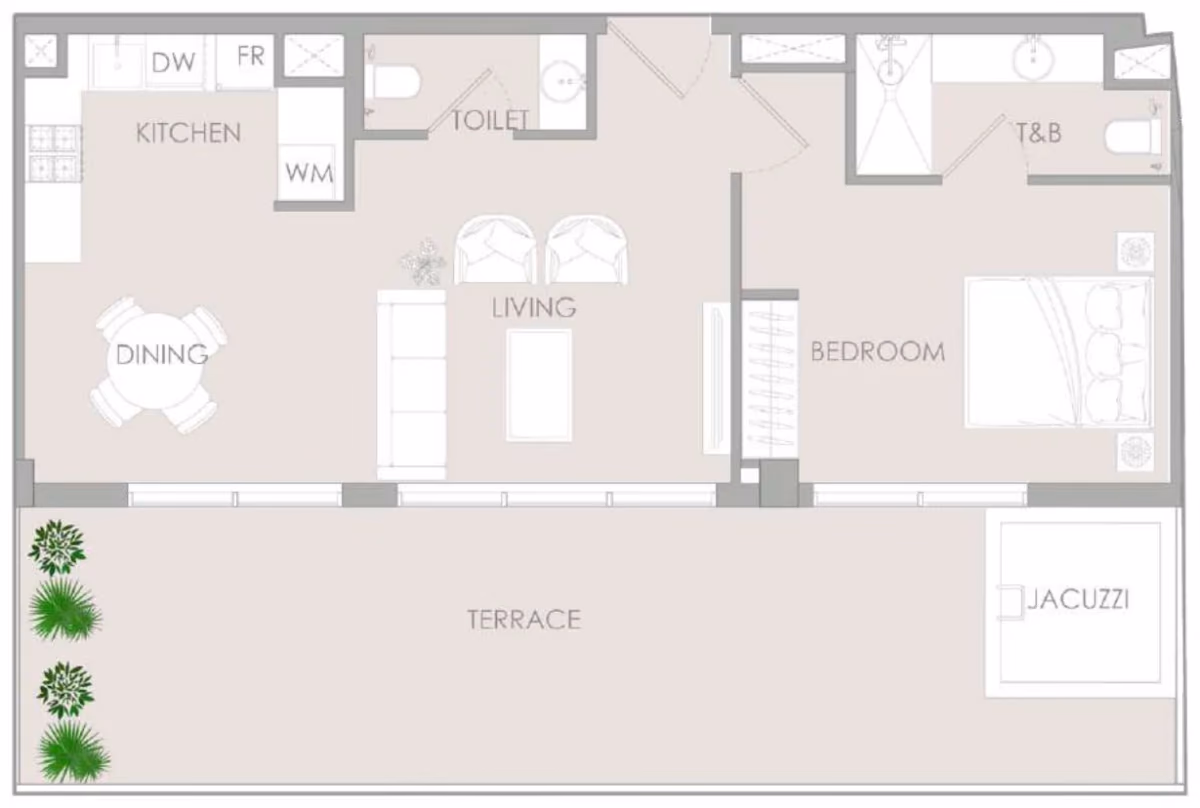 תוכנית חדר שינה אחד · Signature 1 BR Type O ב־נדל"ן להשקעה – Object1 IR1DIAN Park באזור Jumeirah Village Circle, דובאי