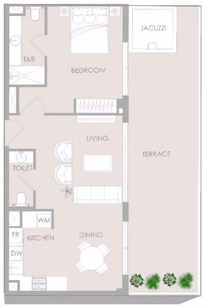 תוכנית חדר שינה אחד · Signature 1 BR Type P ב־נדל"ן להשקעה – Object1 IR1DIAN Park באזור Jumeirah Village Circle, דובאי