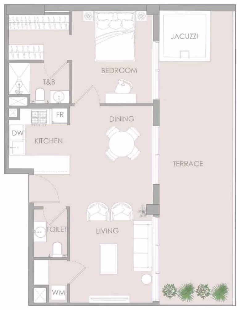 תוכנית חדר שינה אחד · Signature 1 BR Type Q ב־נדל"ן להשקעה – Object1 IR1DIAN Park באזור Jumeirah Village Circle, דובאי