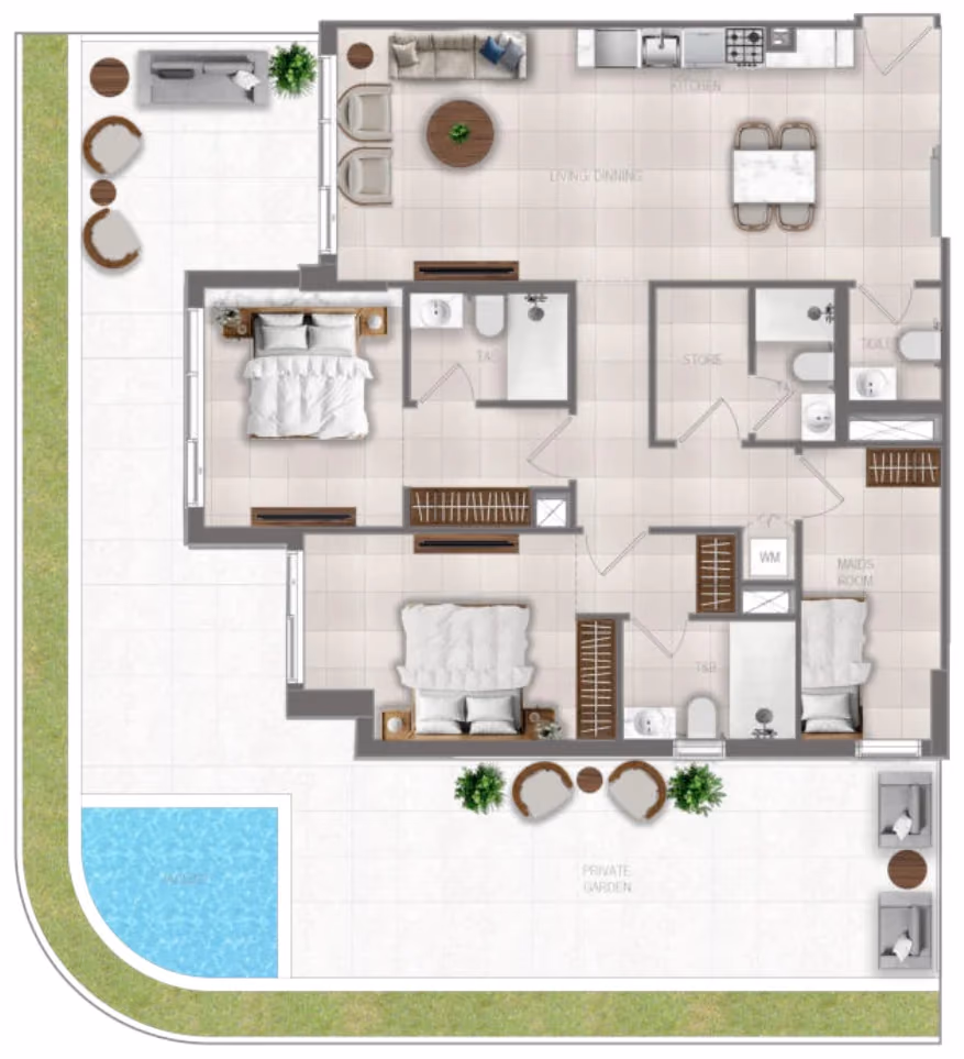 תוכנית 2 חדרי שינה · Pro Type B ב־נדל"ן להשקעה Flu1d One, באזור Dubai Islands, דובאי