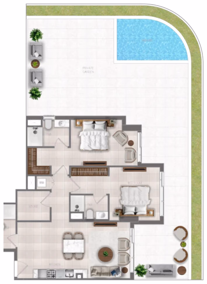 תוכנית 2 חדרי שינה · Type D ב־נדל"ן להשקעה Flu1d One, באזור Dubai Islands, דובאי