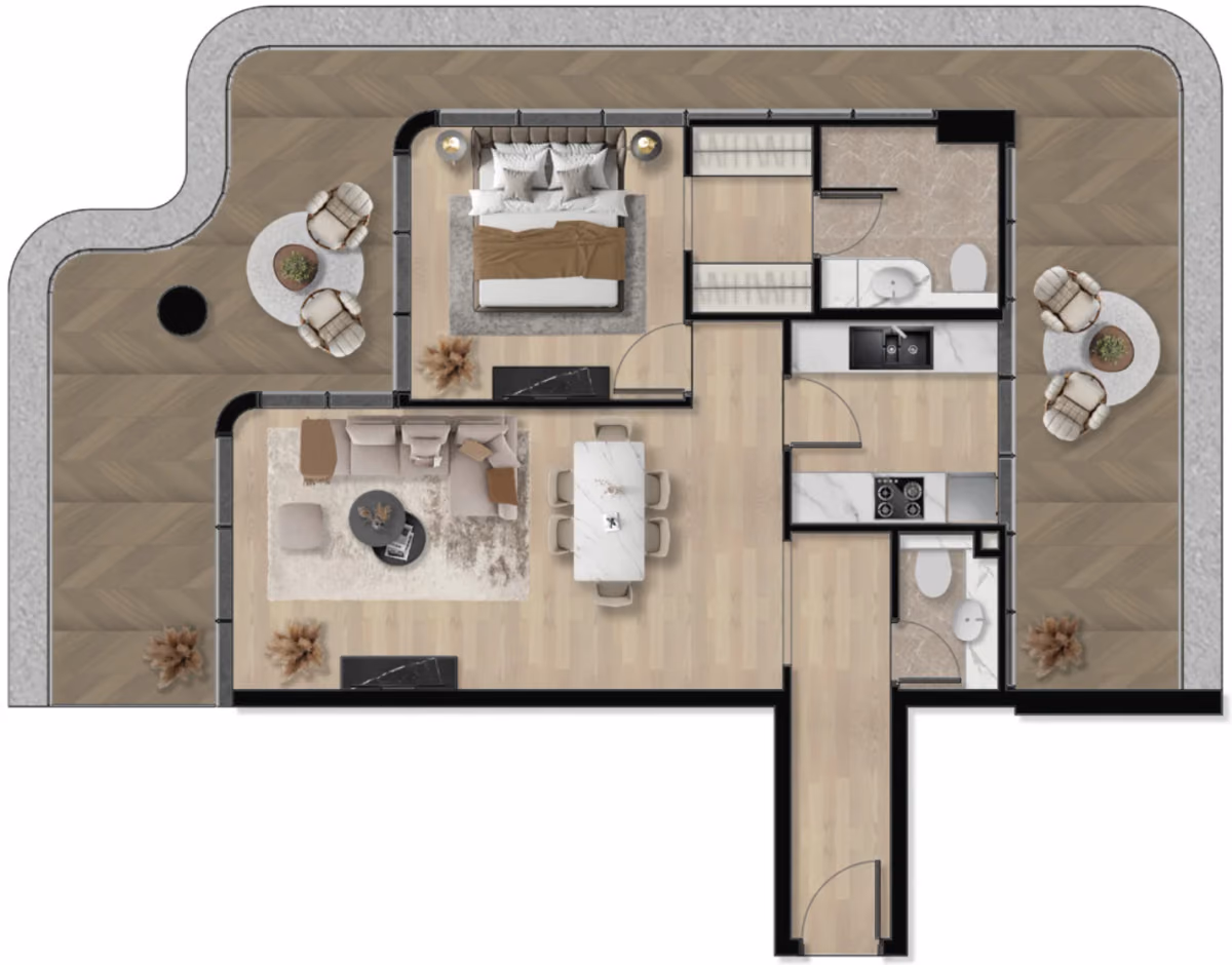 תוכנית חדר שינה אחד · 1BHK Type A ב־נדל"ן להשקעה Orvessa Residences, באזור Al Furjan, דובאי