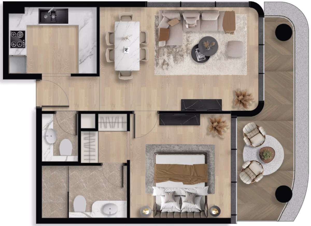תוכנית חדר שינה אחד · 1BHK Type B ב־נדל"ן להשקעה Orvessa Residences, באזור Al Furjan, דובאי