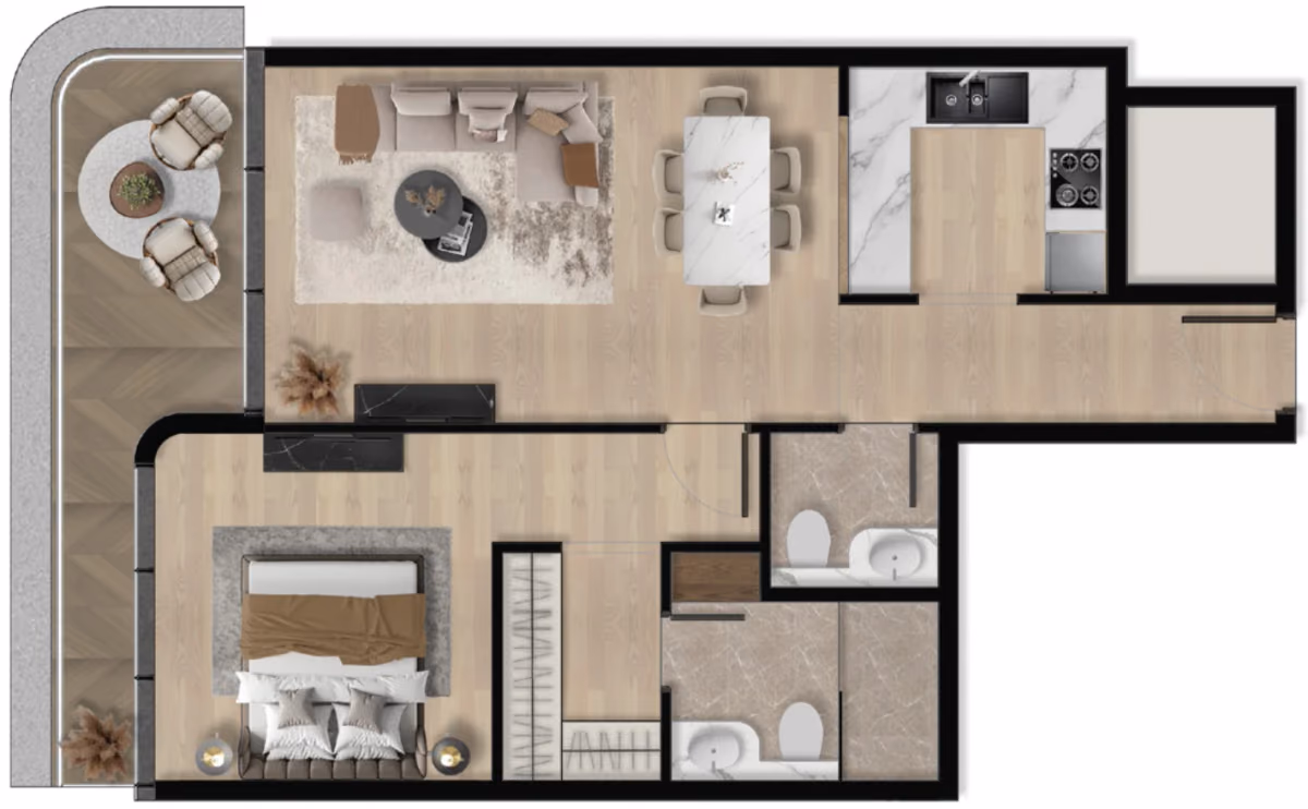 תוכנית חדר שינה אחד · 1BHK Type C ב־נדל"ן להשקעה Orvessa Residences, באזור Al Furjan, דובאי