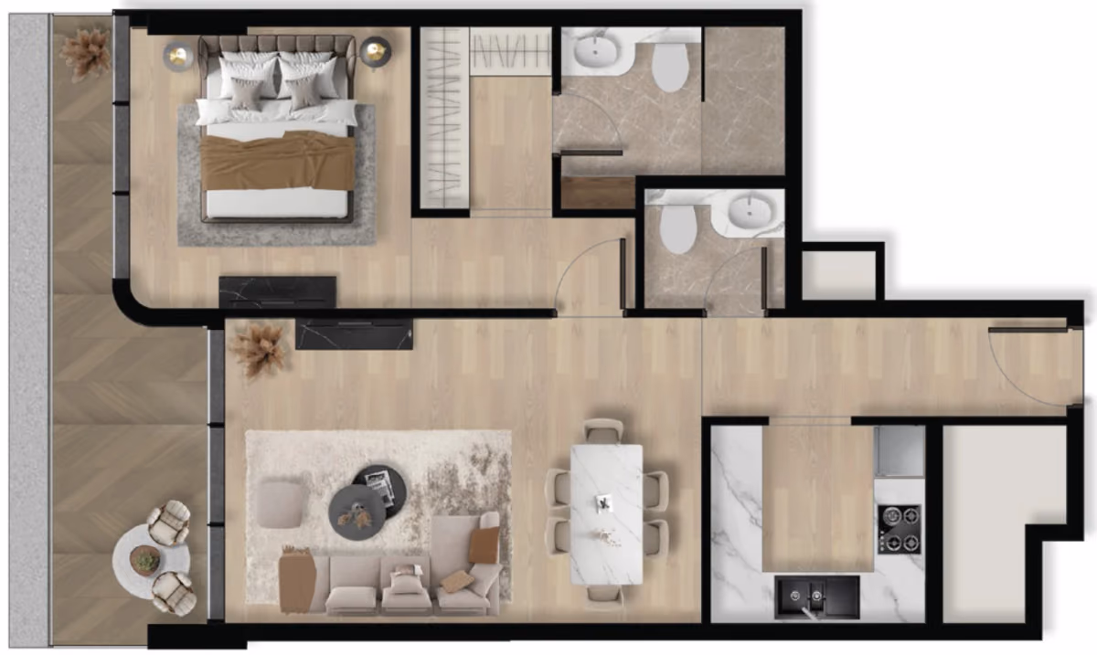 תוכנית חדר שינה אחד · 1BHK Type D ב־נדל"ן להשקעה Orvessa Residences, באזור Al Furjan, דובאי